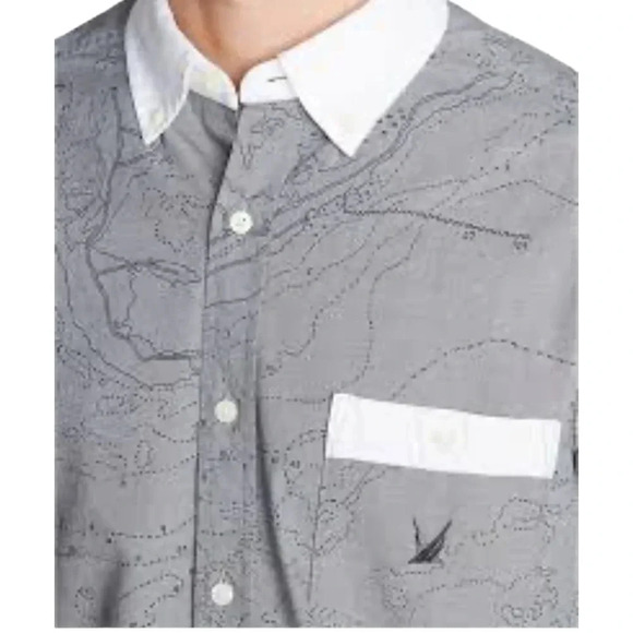 Nautica Mens Blue Sail Map Print Button Up Shirt Grey White Size: XL - Picture 3 of 11
